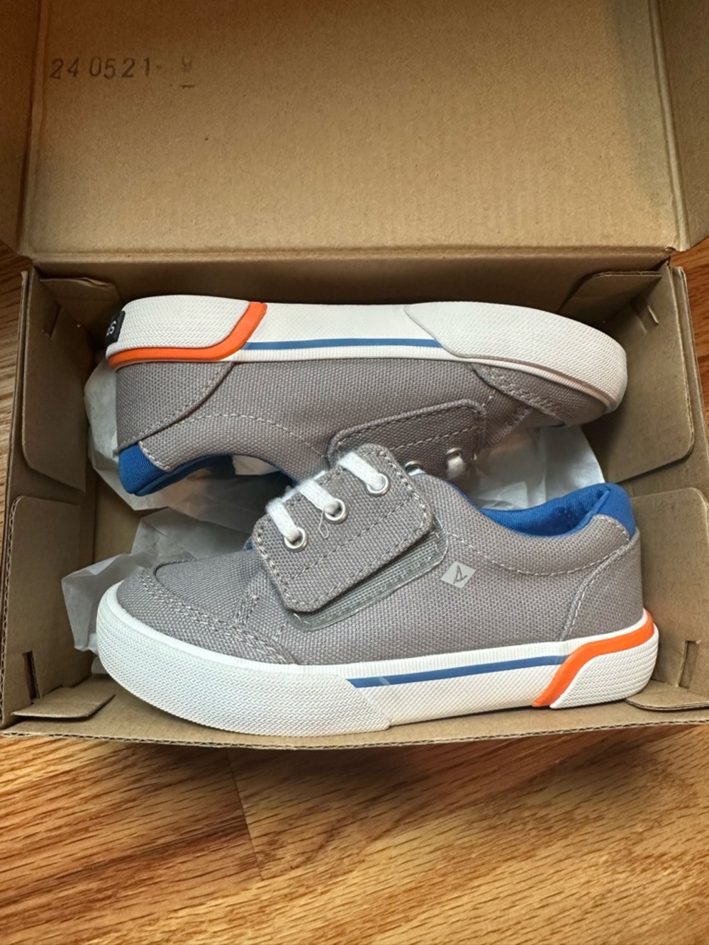 Sperry Grey Canvas Kids Sneakers with Blue Lining and Orange Trim